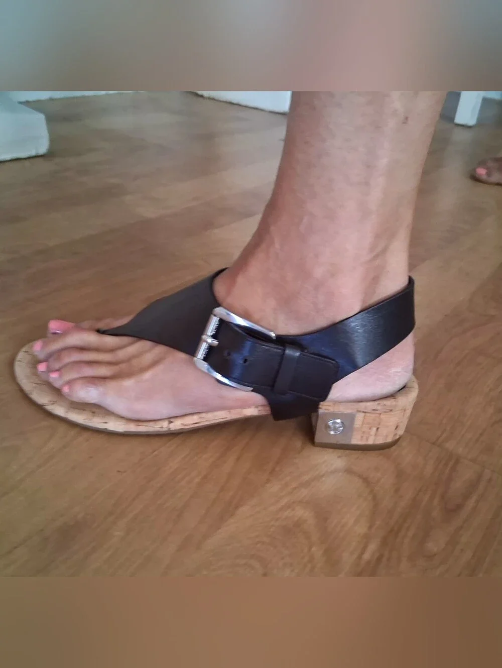 Michael Kors Black Leather London Thong Sandal with Cork Block Heel